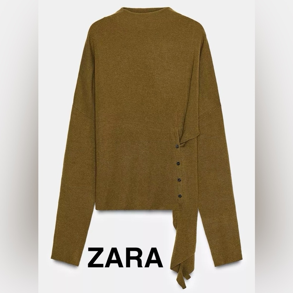 ZARA Khaki Green Asymmetric Knit Sweater with Side Buttons - Size M - NEW
